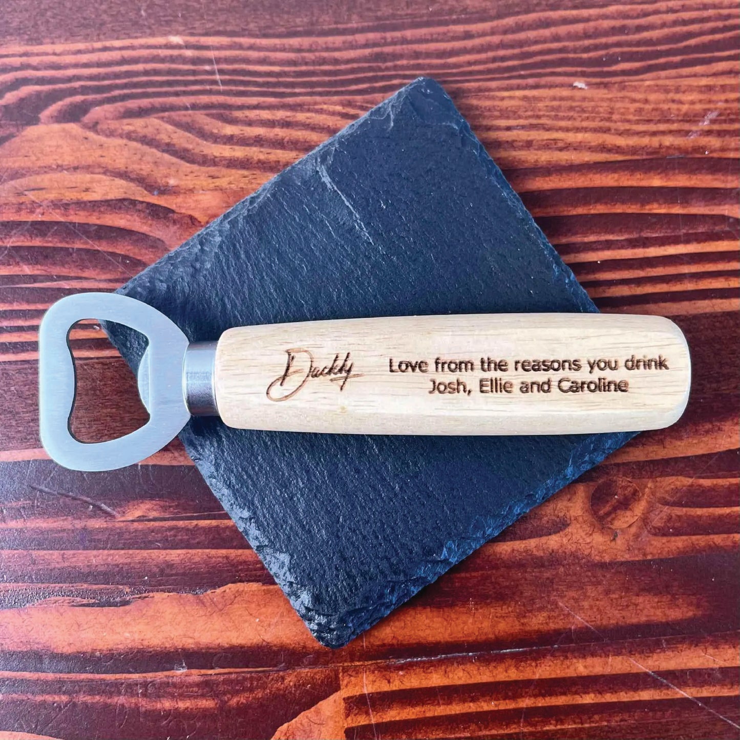 Custom Engraved Stainless Steel Wooden Handle Bottle Opener Father Husband Dad for Man Cave, Bar, Restaurant, Wedding Favor