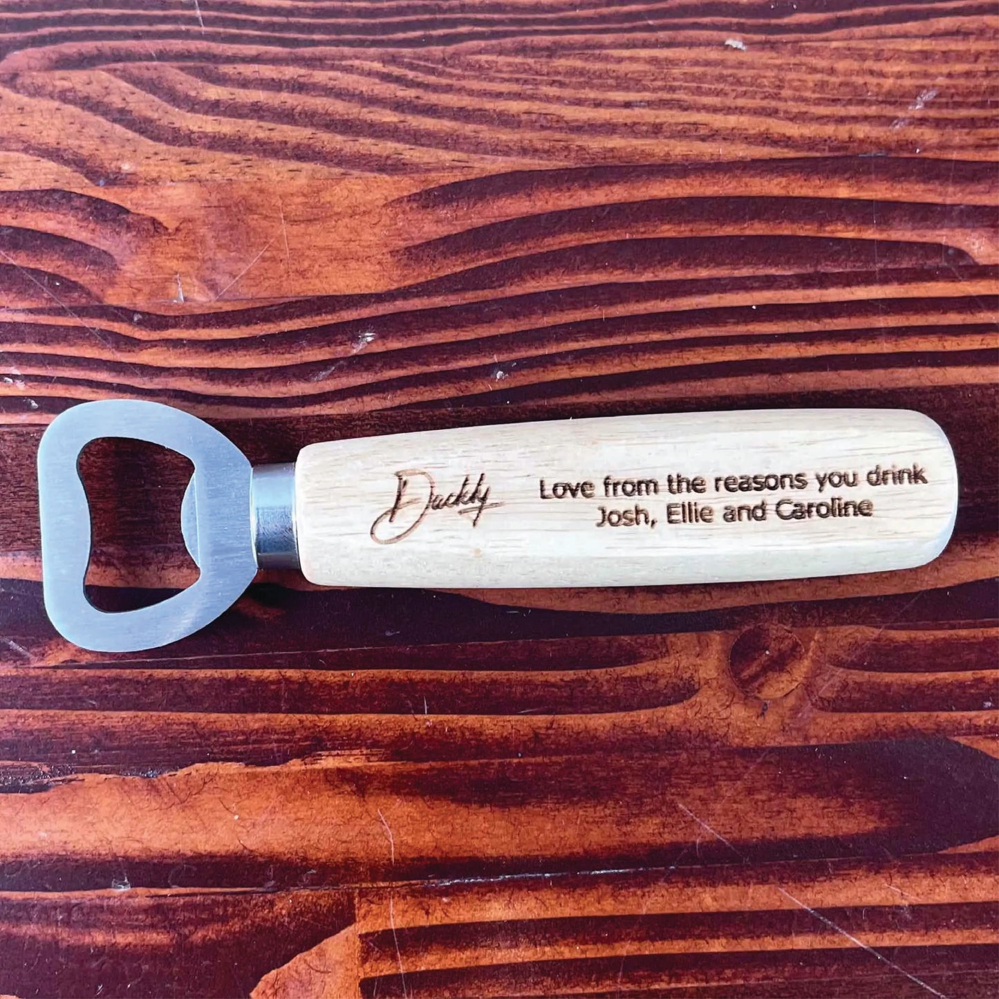 Custom Engraved Stainless Steel Wooden Handle Bottle Opener Father Husband Dad for Man Cave, Bar, Restaurant, Wedding Favor