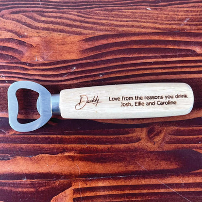 Custom Engraved Stainless Steel Wooden Handle Bottle Opener Father Husband Dad for Man Cave, Bar, Restaurant, Wedding Favor