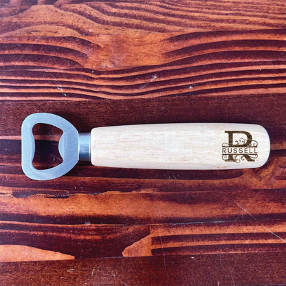 Custom Engraved Stainless Steel Wooden Handle Monogramed Bottle Opener Father Husband Dad for Man Cave, Bar, Restaurant, Wedding Favor