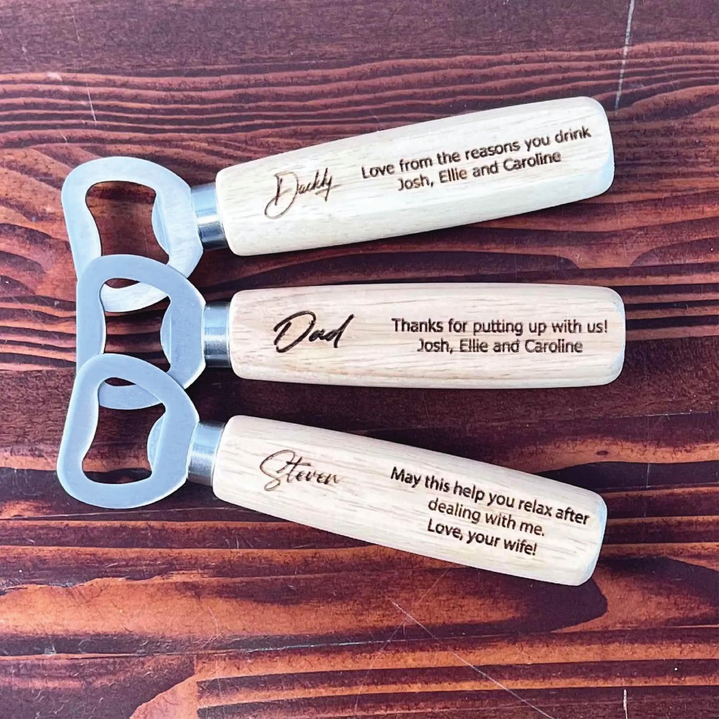 Custom Engraved Stainless Steel Wooden Handle Bottle Opener Father Husband Dad for Man Cave, Bar, Restaurant, Wedding Favor