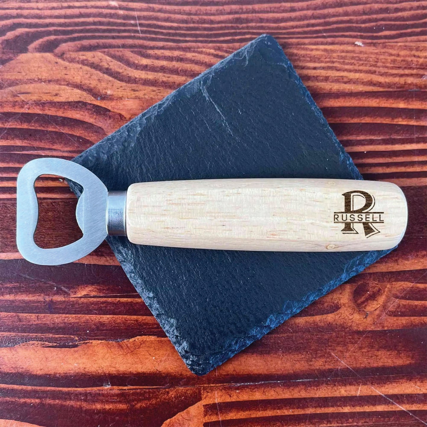 Custom Engraved Stainless Steel Wooden Handle Monogramed Bottle Opener Father Husband Dad for Man Cave, Bar, Restaurant, Wedding Favor