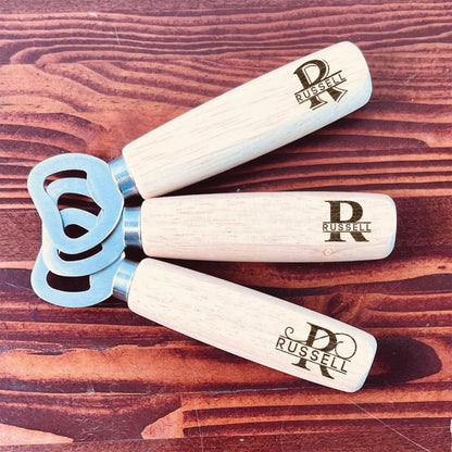 Custom Engraved Stainless Steel Wooden Handle Monogramed Bottle Opener Father Husband Dad for Man Cave, Bar, Restaurant, Wedding Favor