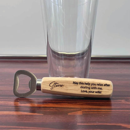 Custom Engraved Stainless Steel Wooden Handle Bottle Opener Father Husband Dad for Man Cave, Bar, Restaurant, Wedding Favor